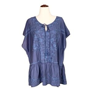 Savanna Jane Blue Boho Embroidered Peasant Blouse Tunic V Neck Tassel Size 3X